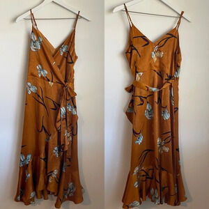 Lumiere satin gold floral ruffle wrap dress size small